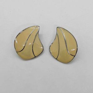 Vintage Chunky Silver Tone Cream Enamel Clip On Earrings
